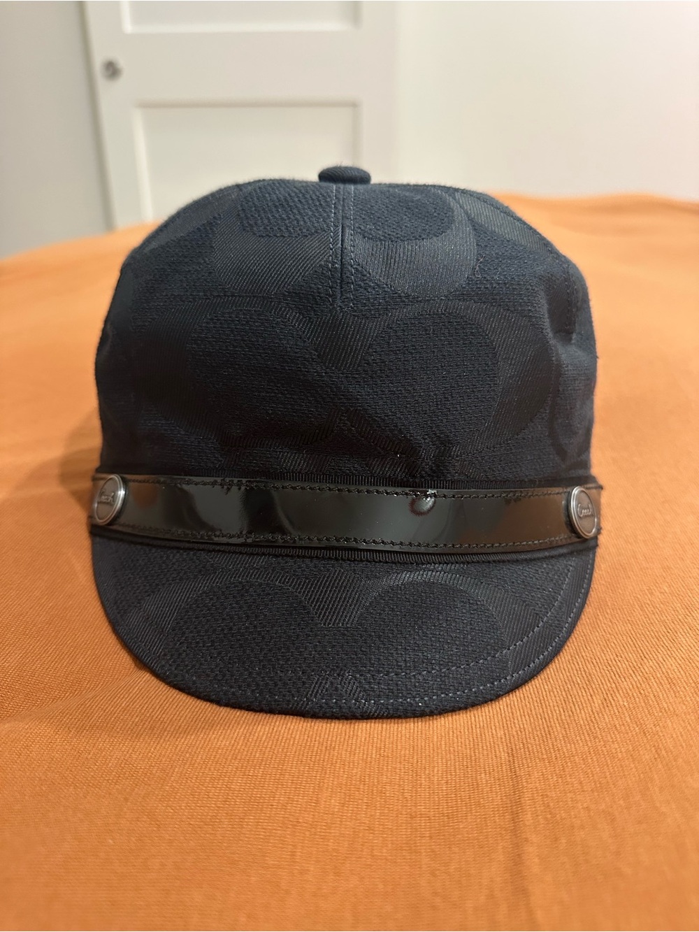 Coach Black Signature Canvas Cap with Patent Accent